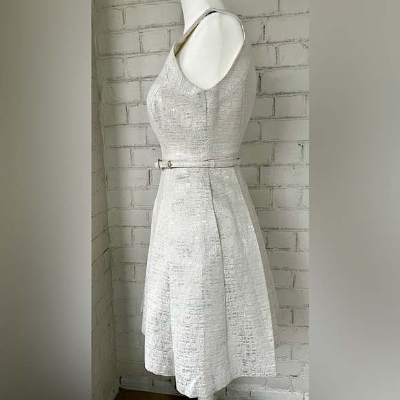 WHBM Silver, Metallic, Jacquard, Belted, Fit-and-Flare Cocktail Dress - Size 00 - Picture 2 of 16